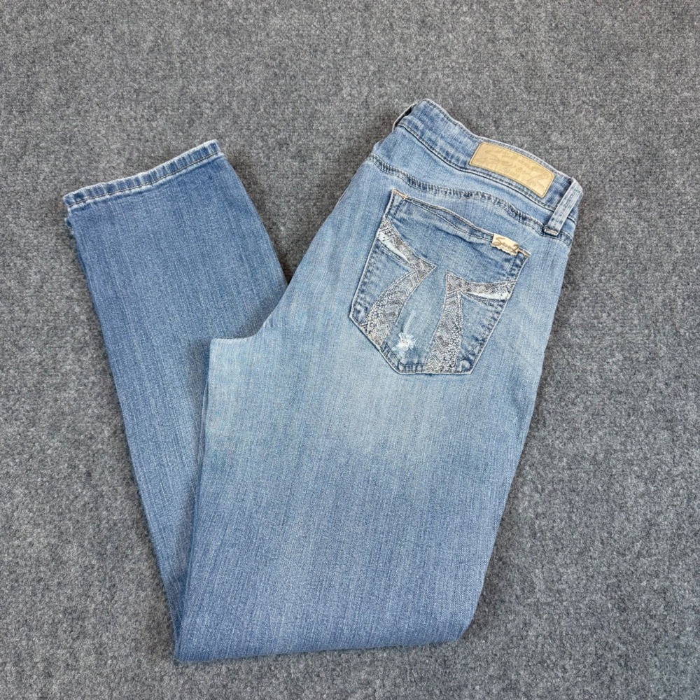 Seven7 Slim Straight Distressed Y2K Light Wash Denim Jeans Embroidered Pockets